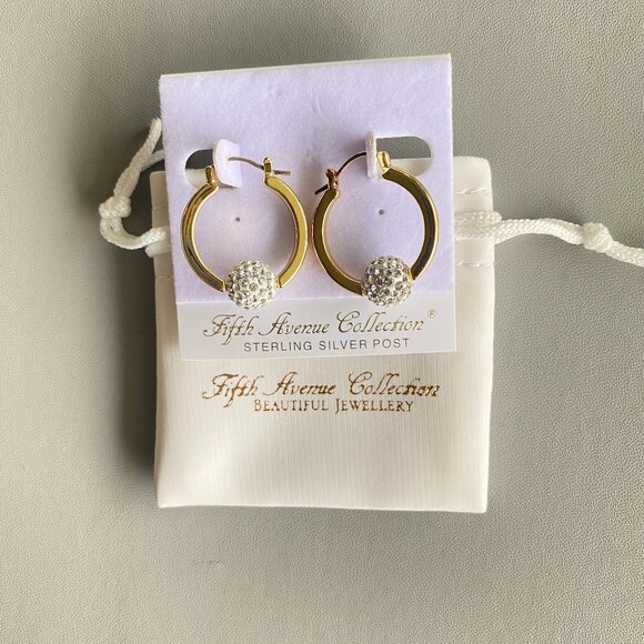 Rhodium Plated Gold Tone Hoop Earrings Pave Crystal - Picture 5 of 6